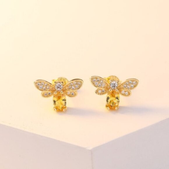 NEW 18K Gold Citrine Diamond Bee Stud Earrings - Picture 2 of 7